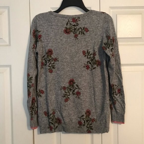 ANN TAYLOR LOFT X-Small Gray Red Floral Crewneck Wool Tunic Pullover Crewneck - Picture 5 of 6